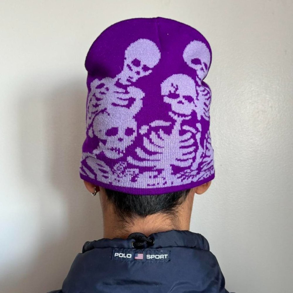 Y2K 2000s grunge purple punk skeleton skull crew beanie